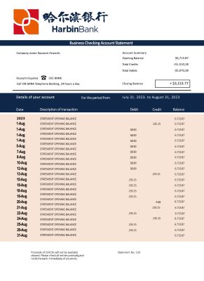 Fake HARBIN Business Bank Statement
