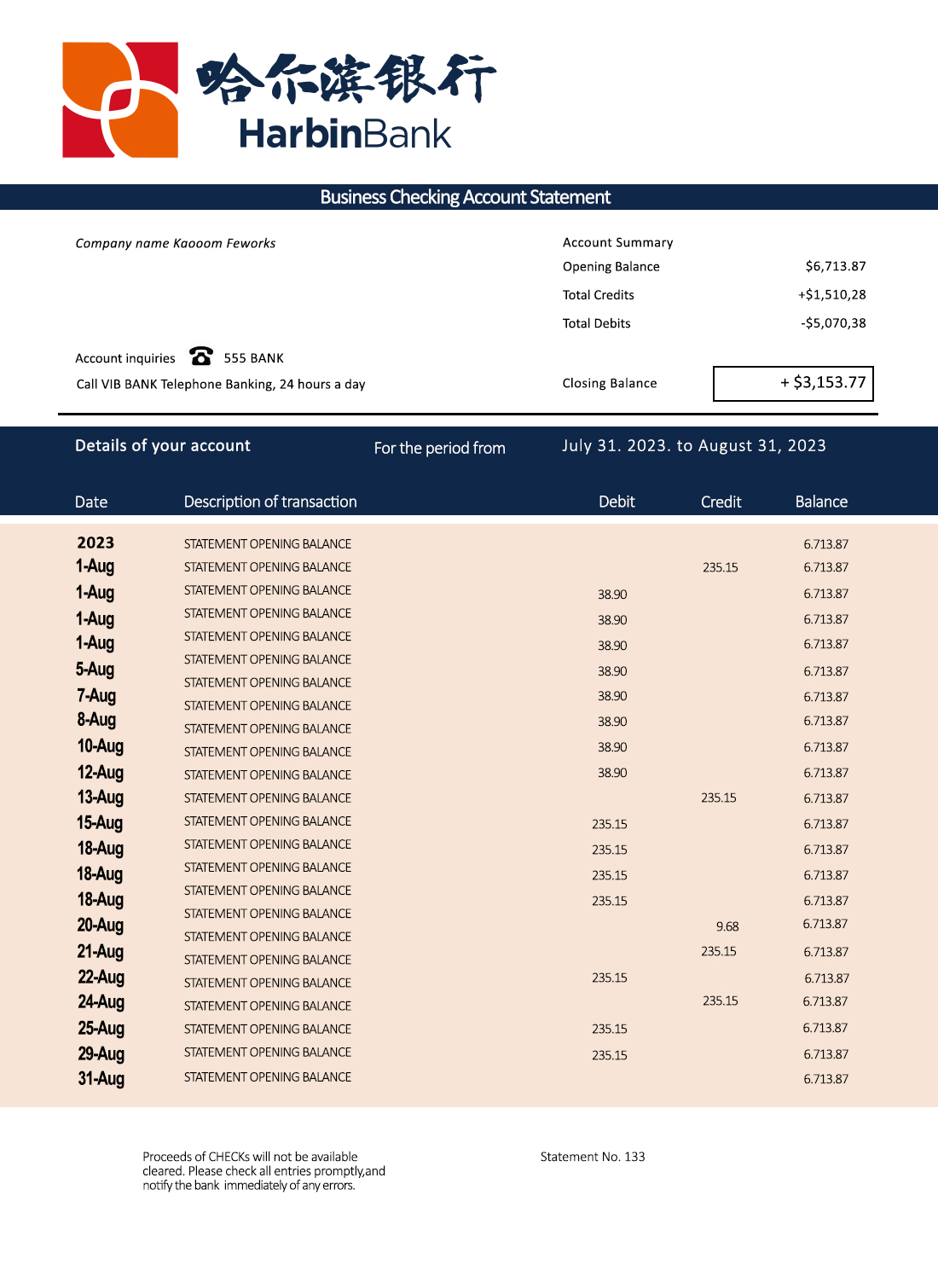Fake HARBIN Business Bank Statement