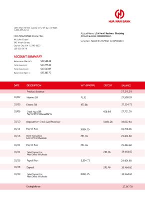 Fake HUA Nan Financial Holdings Business Bank Statement