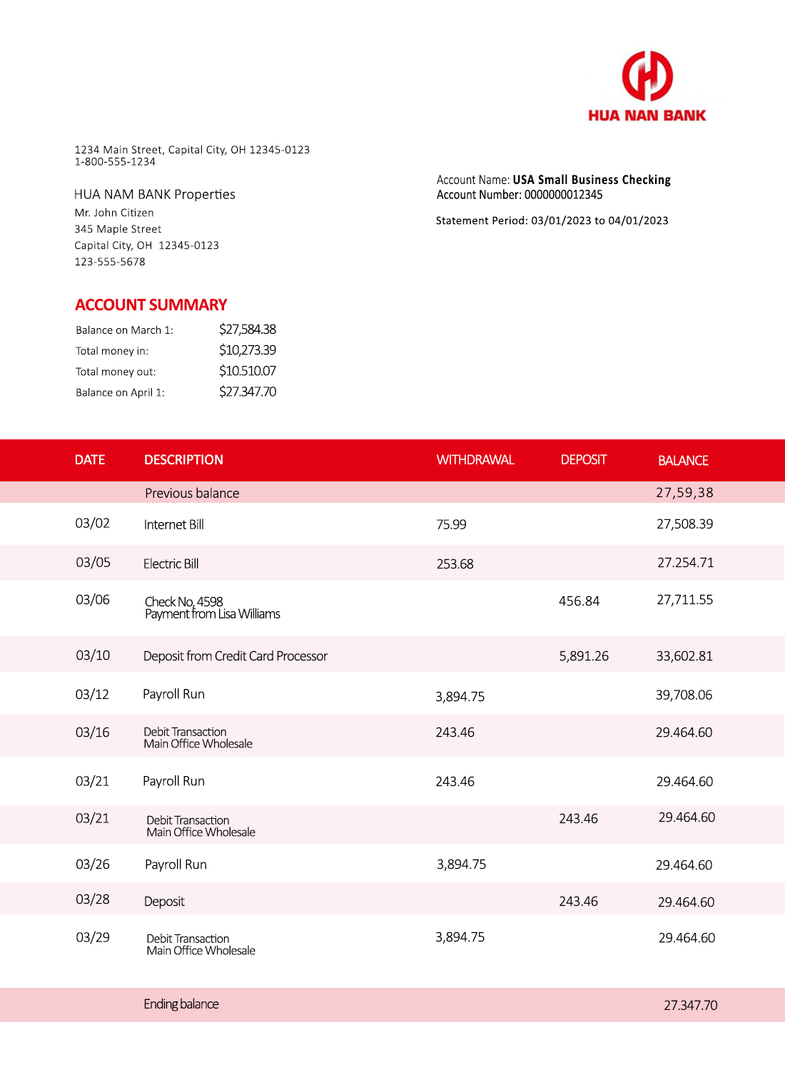 Fake HUA Nan Financial Holdings Business Bank Statement