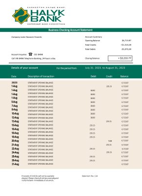 Fake Halyk Business Bank Statement