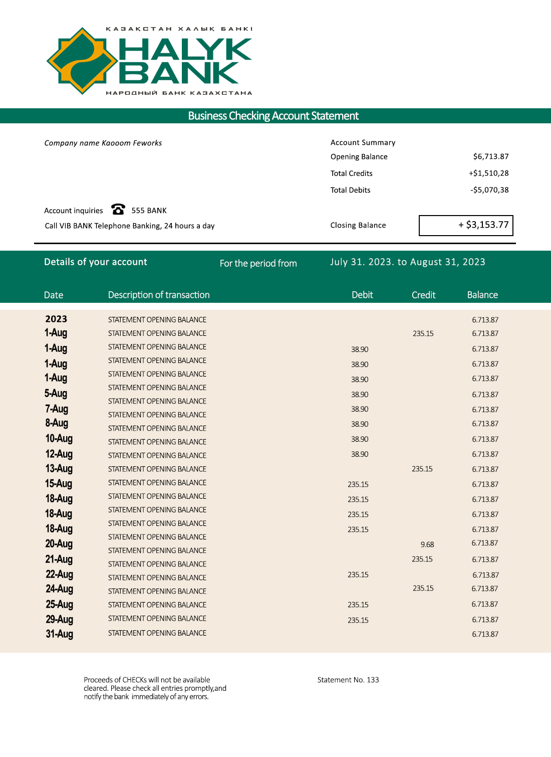 Fake Halyk Business Bank Statement