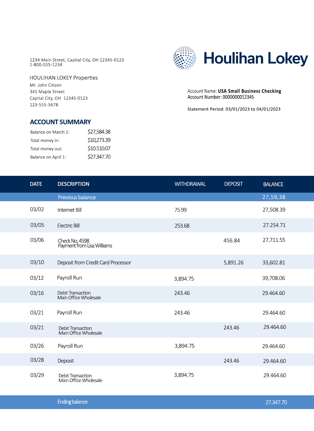 Fake Houlihan Lokey Inc Business Bank Statement