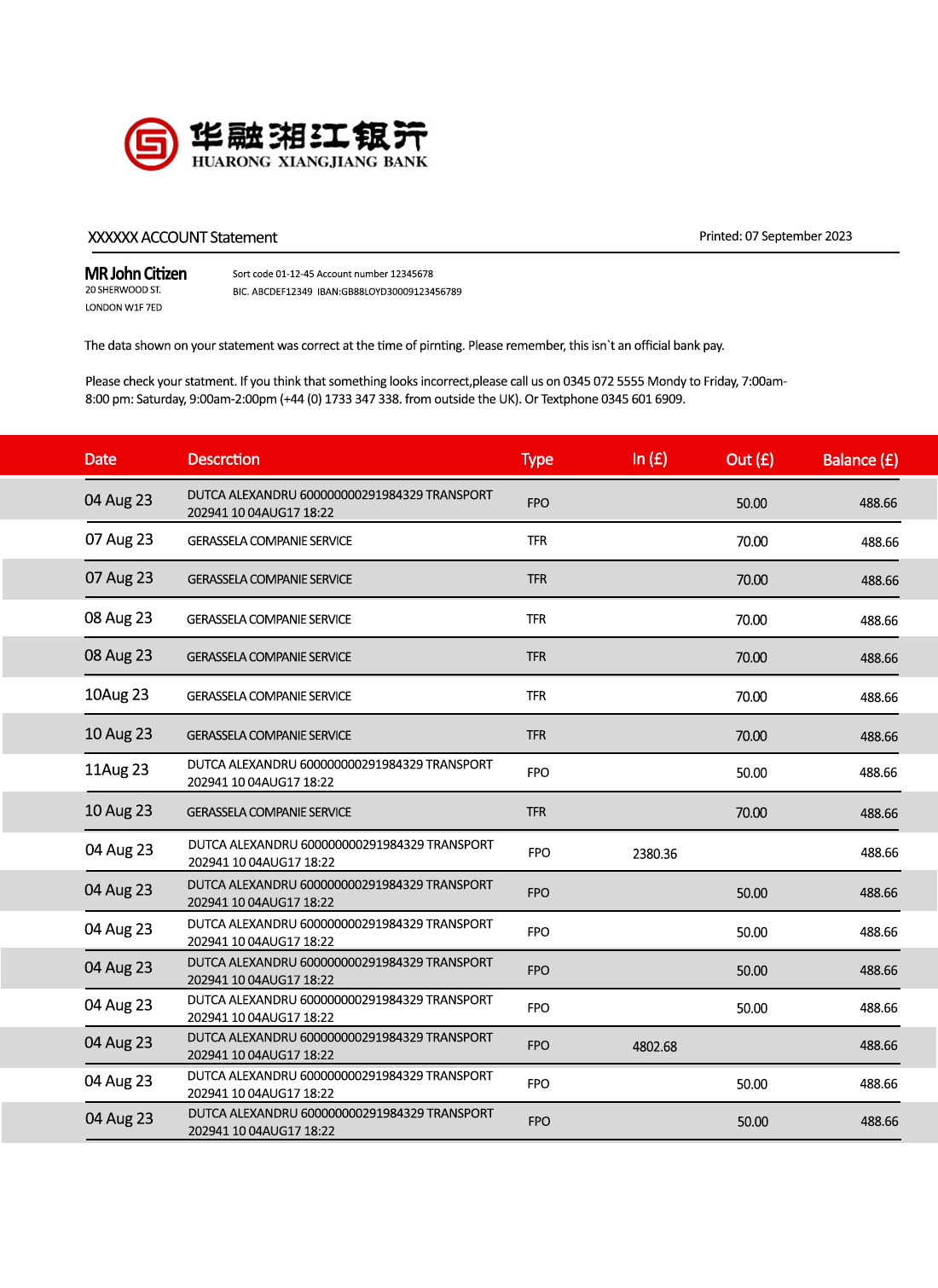 Fake Huarong xiangjiang Business Bank Statement