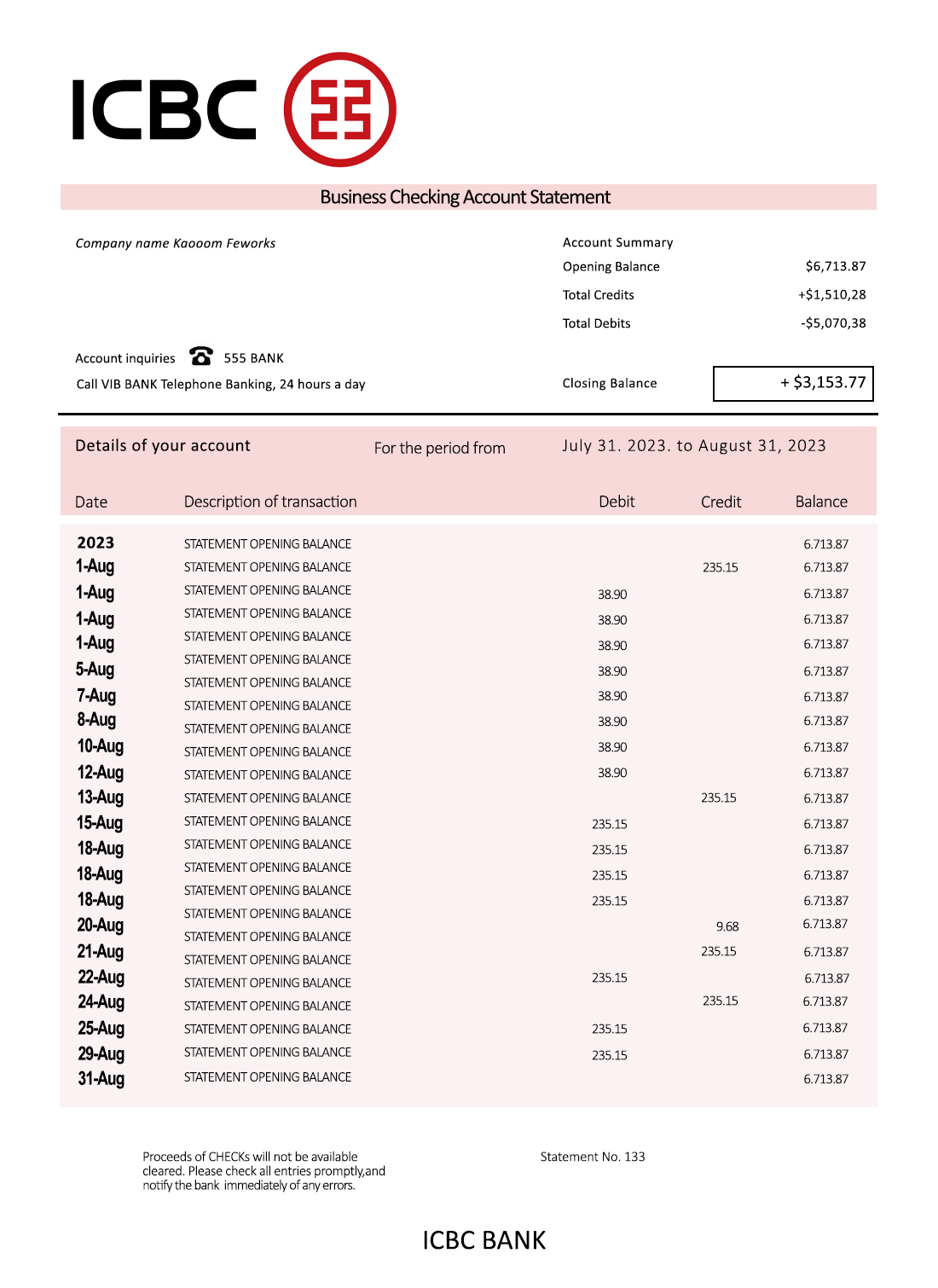 Fake ICBC Business Bank Statement