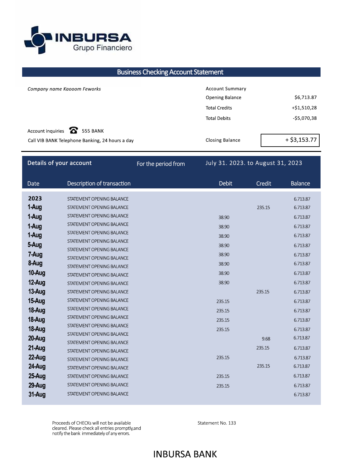 Fake Inbursa Business Bank Statement