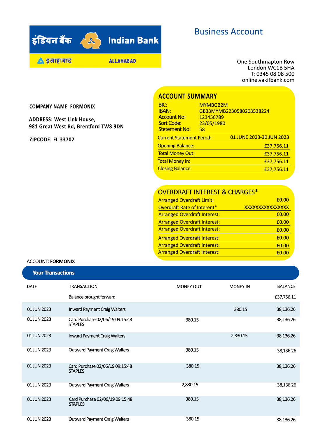 Fake Indian Business Bank Statement