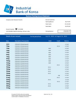 Fake Industrial Bank of Korea Business Statement