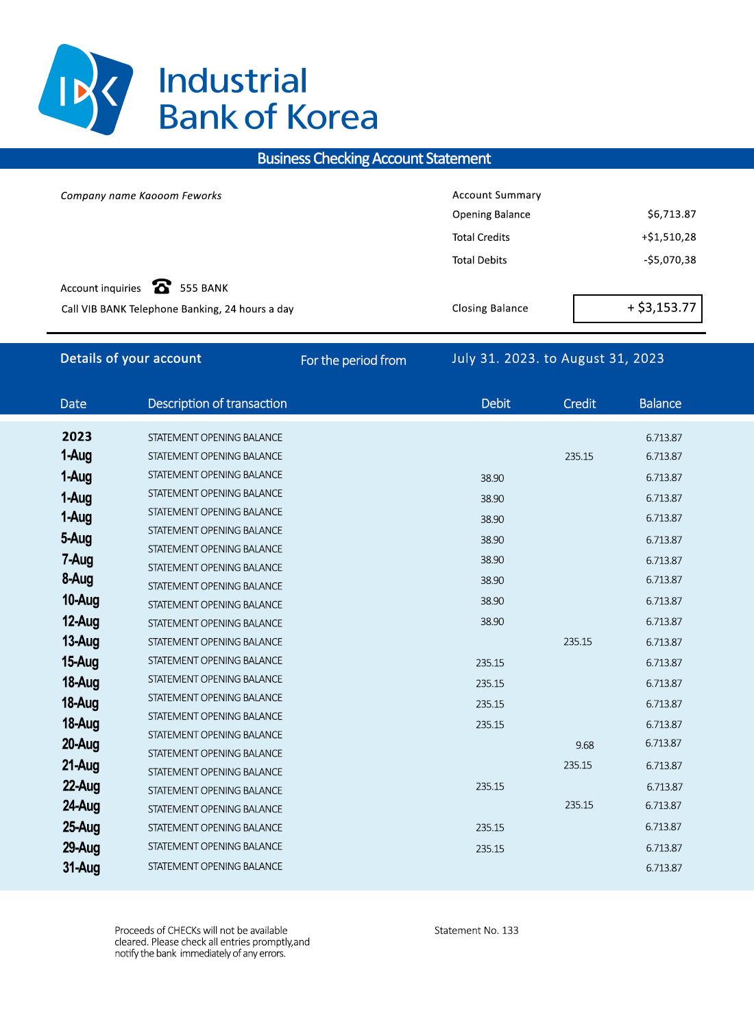 Fake Industrial Bank of Korea Business Statement