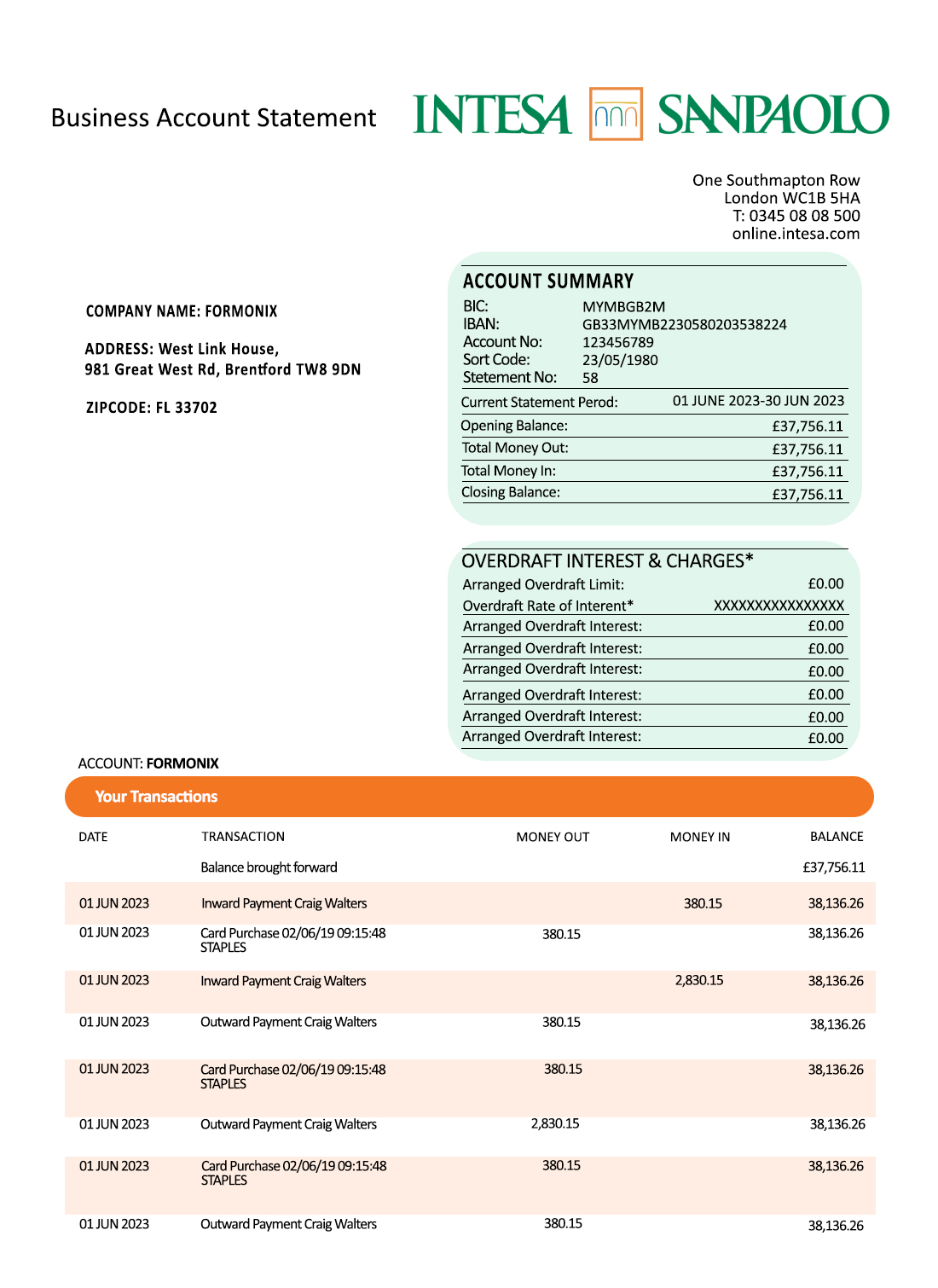 Fake Intesa Sanpaolo Business Bank Statement