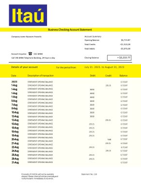 Fake Itaú Business Bank Statement