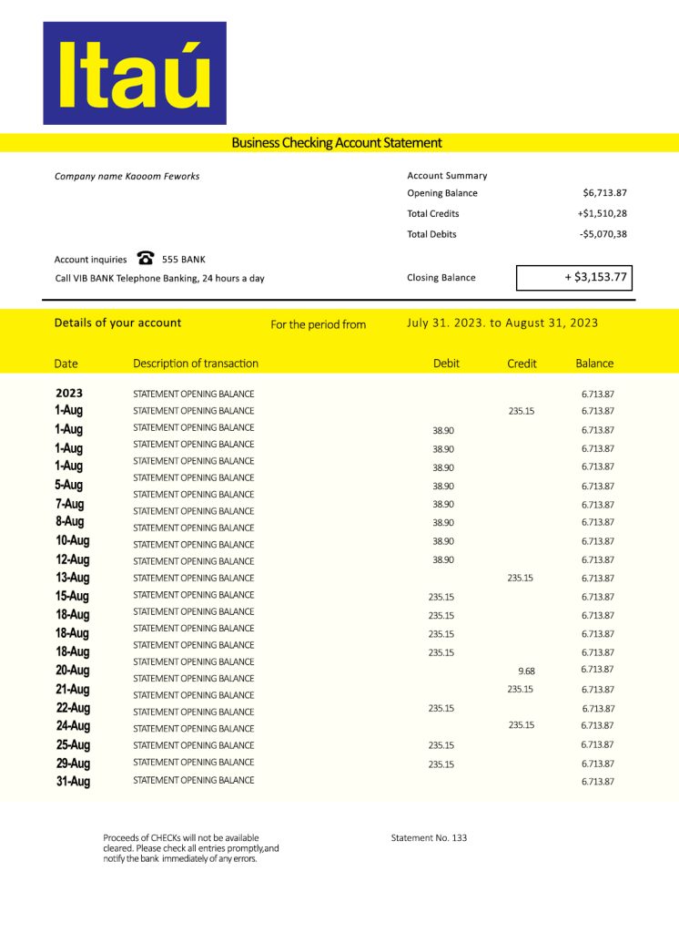 Fake Itaú Business Bank Statement