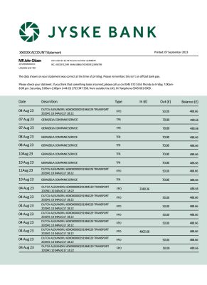 Fake JYSKE Business Bank Statement