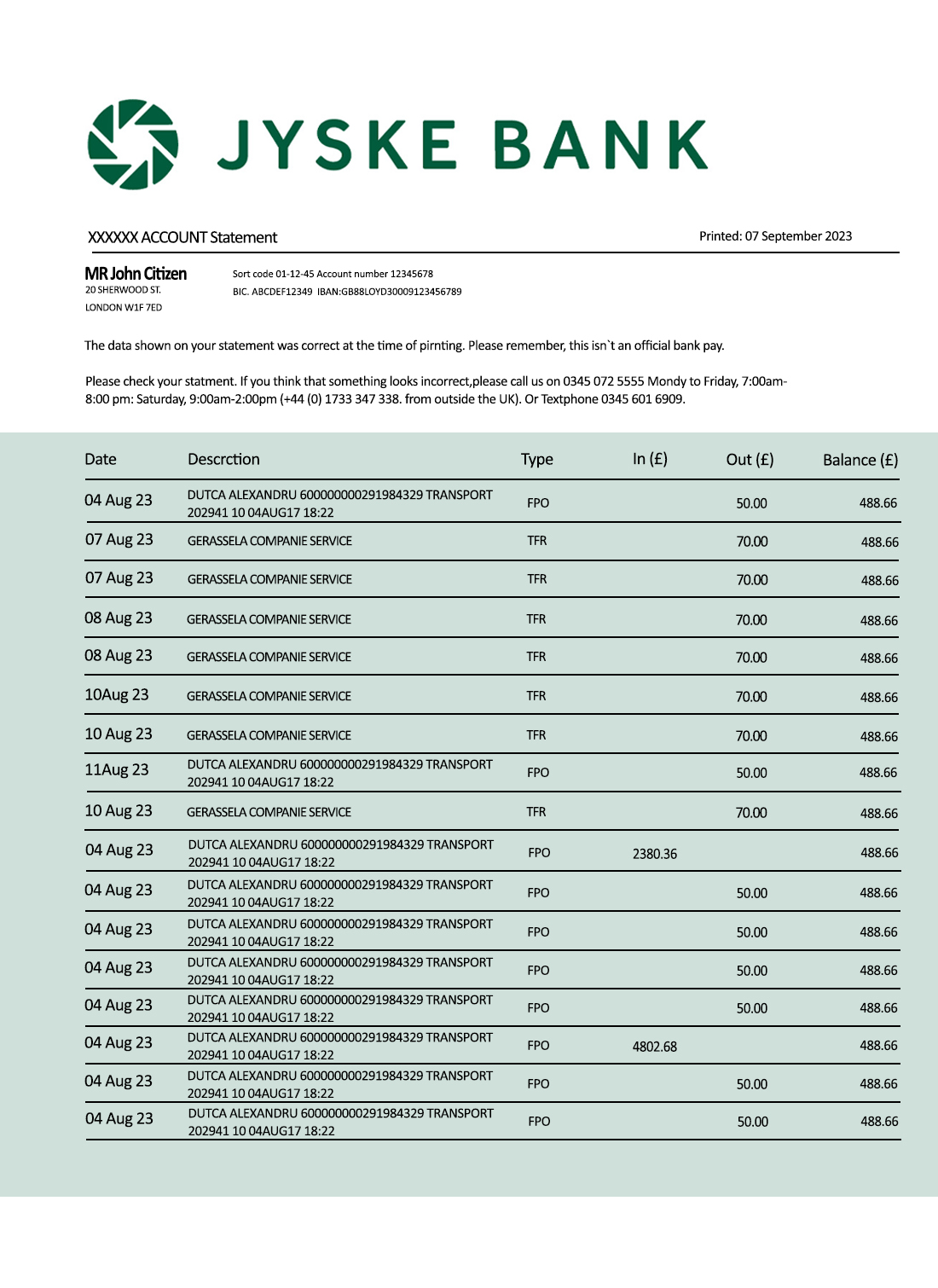 Fake JYSKE Business Bank Statement