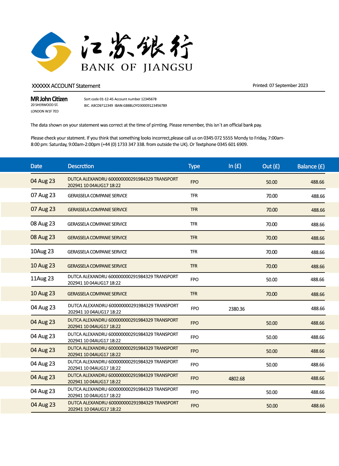 Fake Jiangsu Business Bank Statement