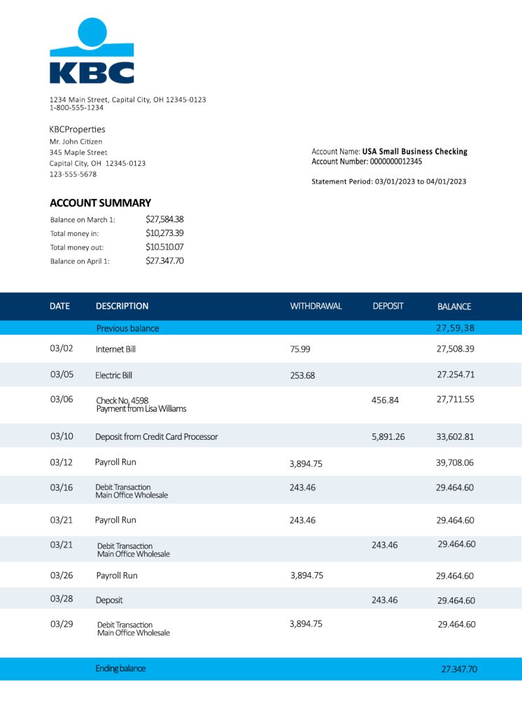 Fake KBC Business Bank Statement