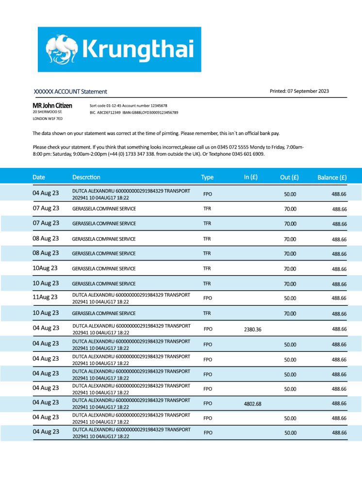 Fake KRUNG Thai Business Bank Statement