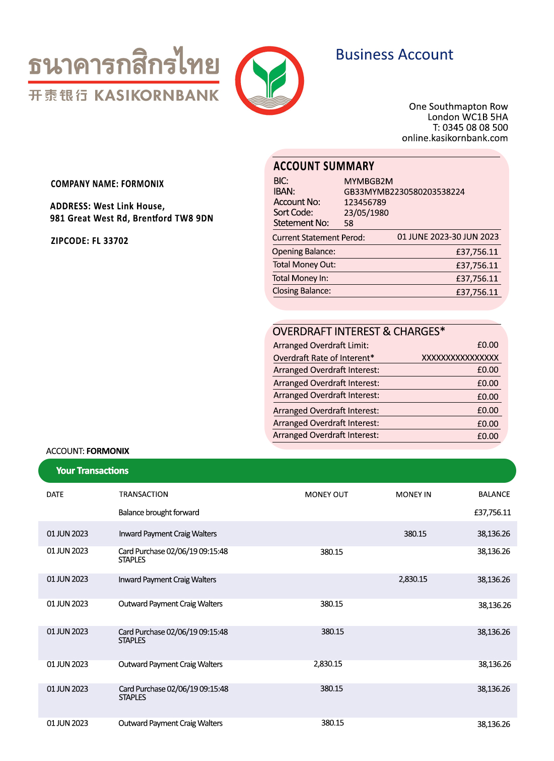 Fake Kasikornbank Business Bank Statement