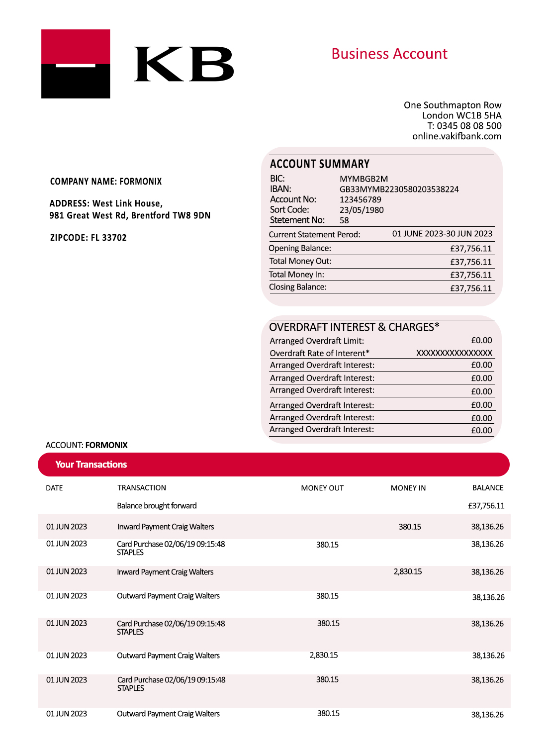 Fake Komercni banka corporate Business Bank Statement