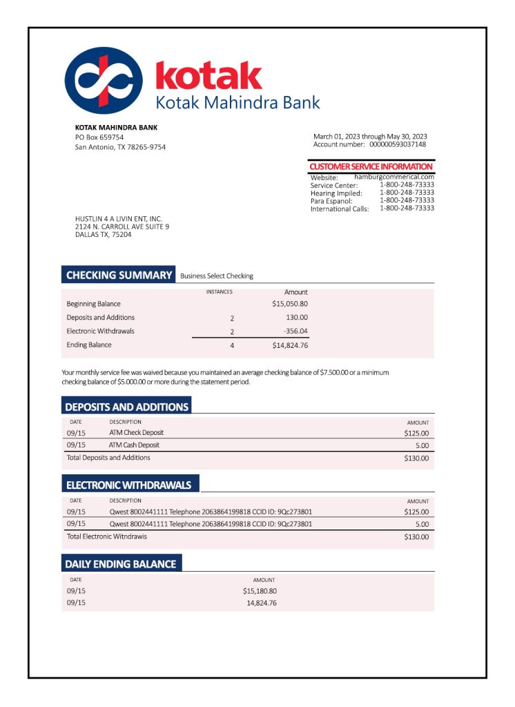 Fake Kotak Mahindra Business Bank Statement