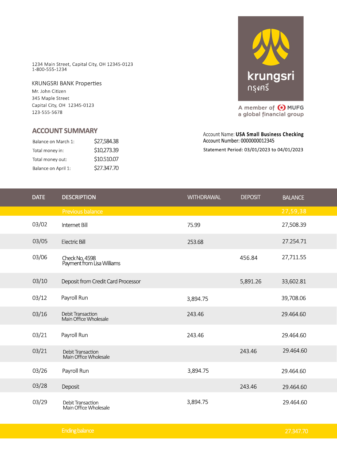 Fake Krungsri-Bank of Ayudha Business Bank Statement