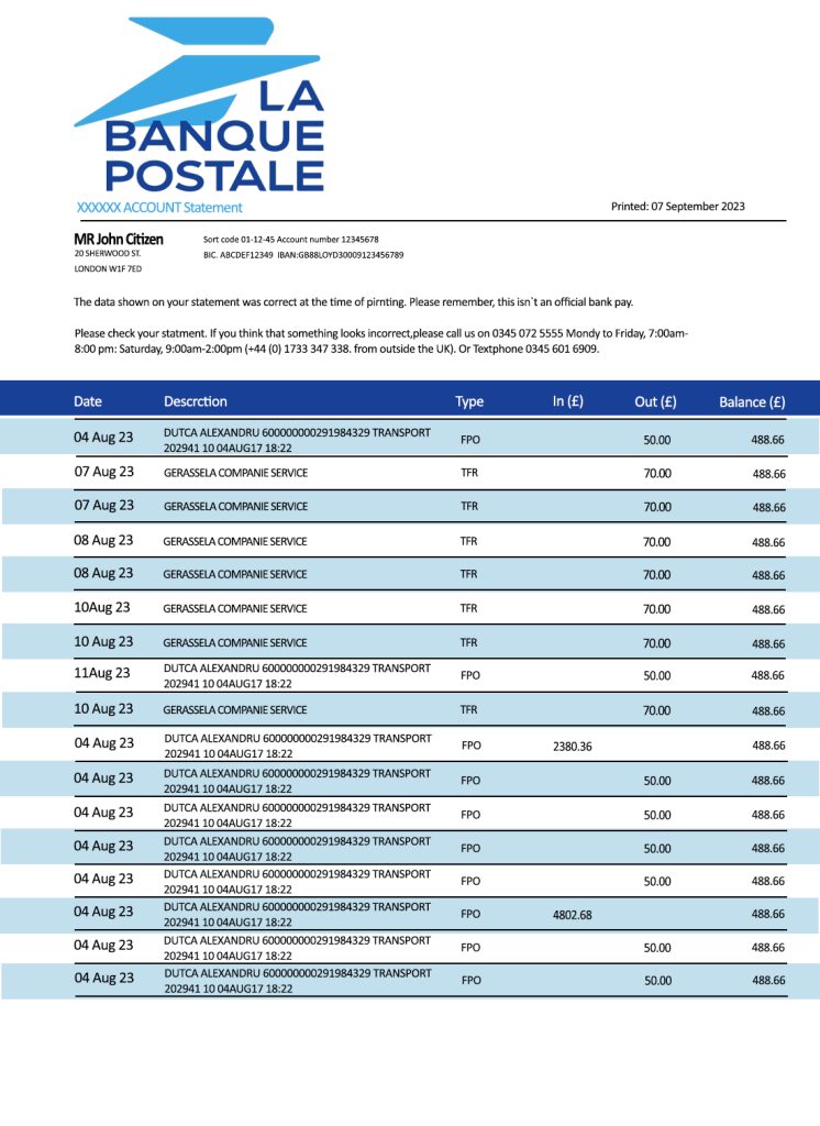 Fake LA Banque Postale Business Bank Statement