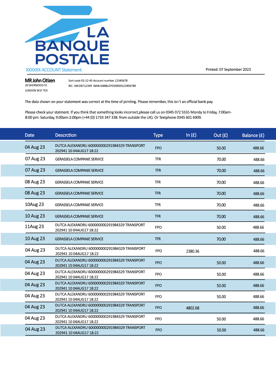 Fake LA Banque Postale Business Bank Statement