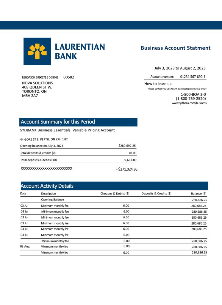 Fake Laurentian Business Bank Statement