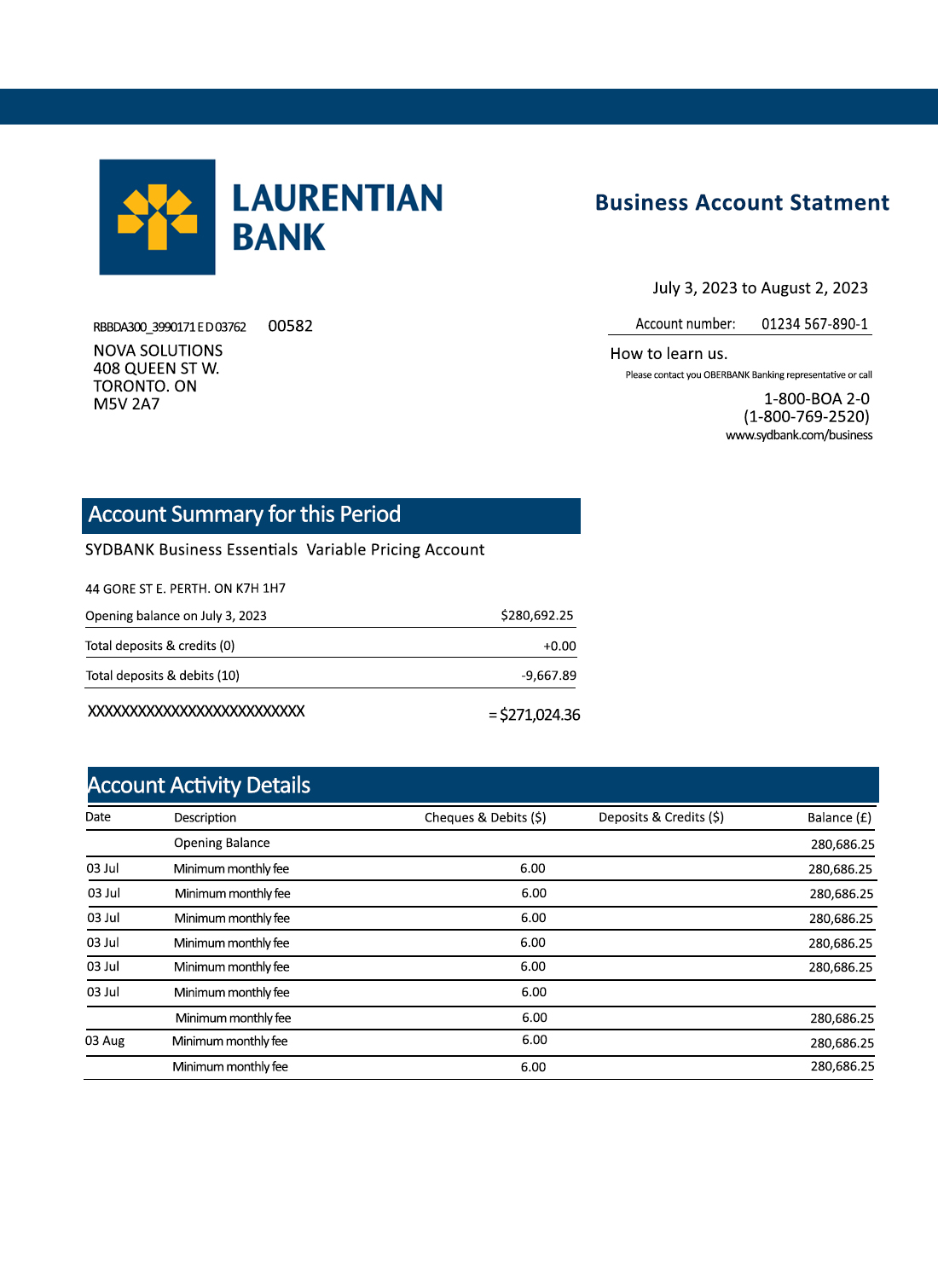 Fake Laurentian Business Bank Statement