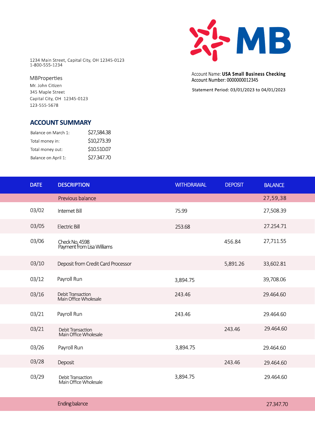 Fake MB Business Bank Statement