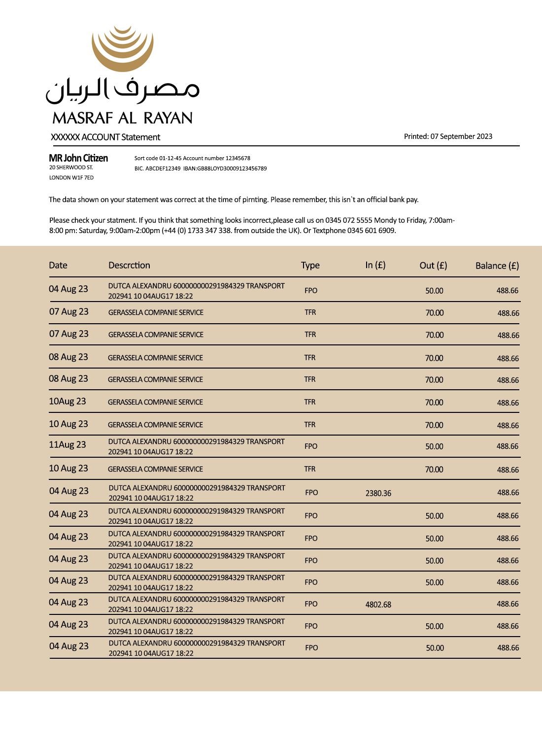 Fake Masraf al Rayan Business Bank Statement