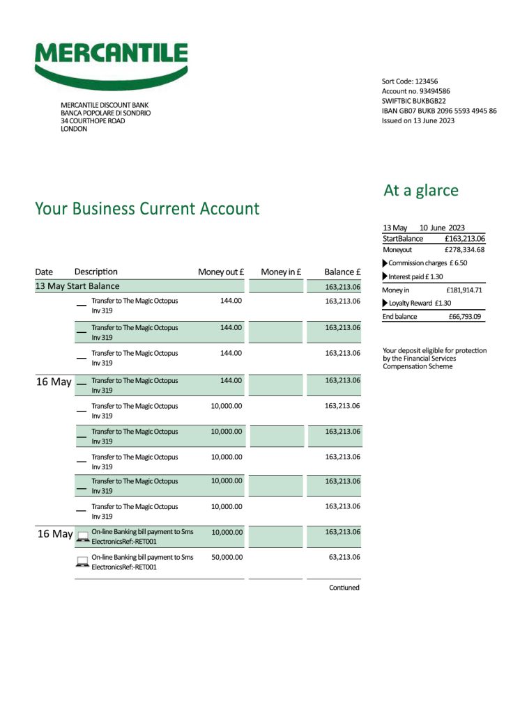 Fake Mercantile Discount Business Bank Statement