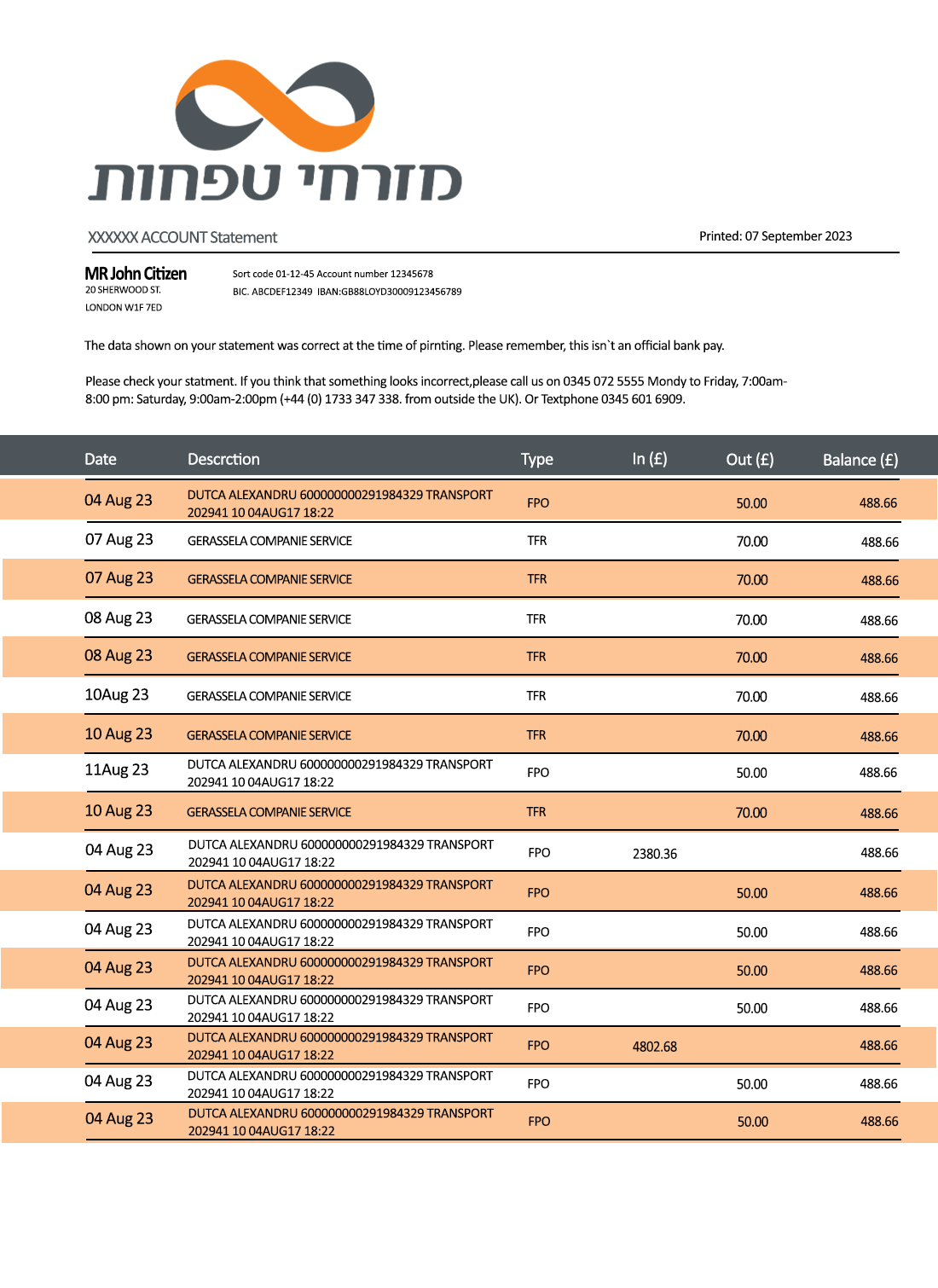 Fake Mizrahi-Tefahot Business Bank Statement