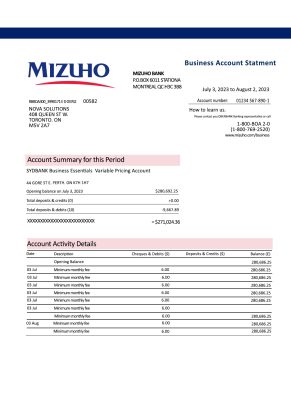 Fake Mizuho Financial Group Business Bank Statement