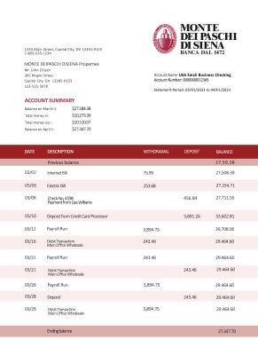 Fake Monte dei Paschi di Siena Business Bank Statement