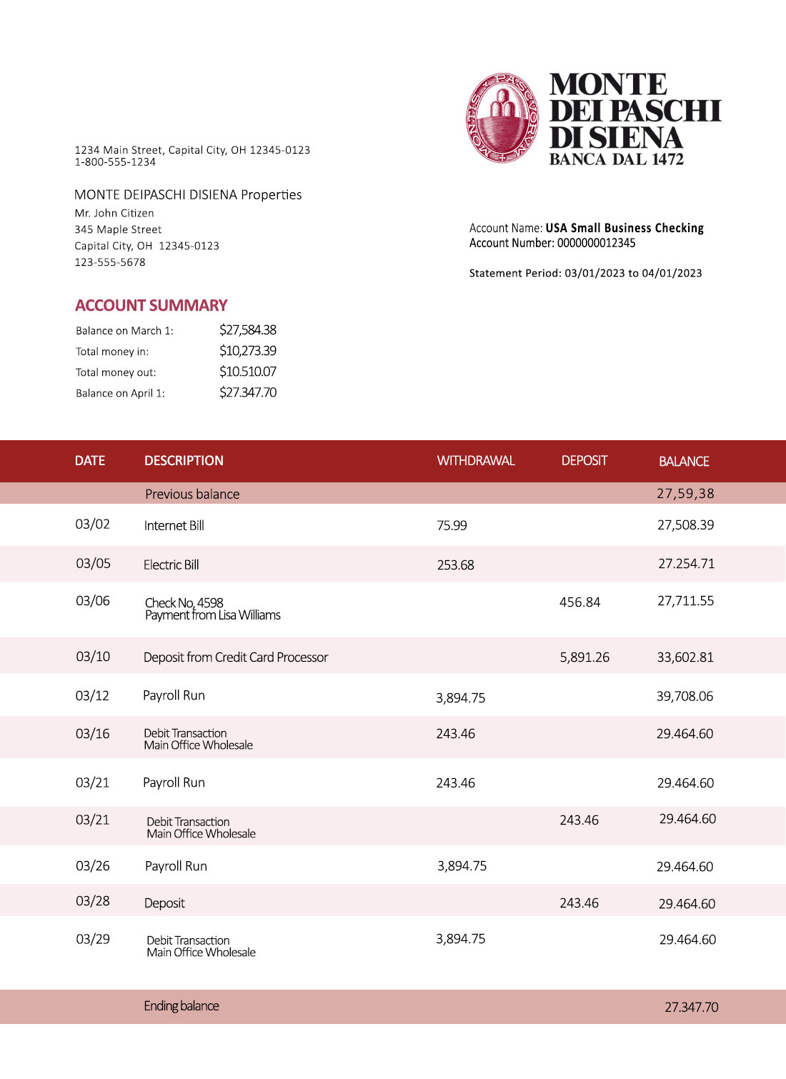 Fake Monte dei Paschi di Siena Business Bank Statement