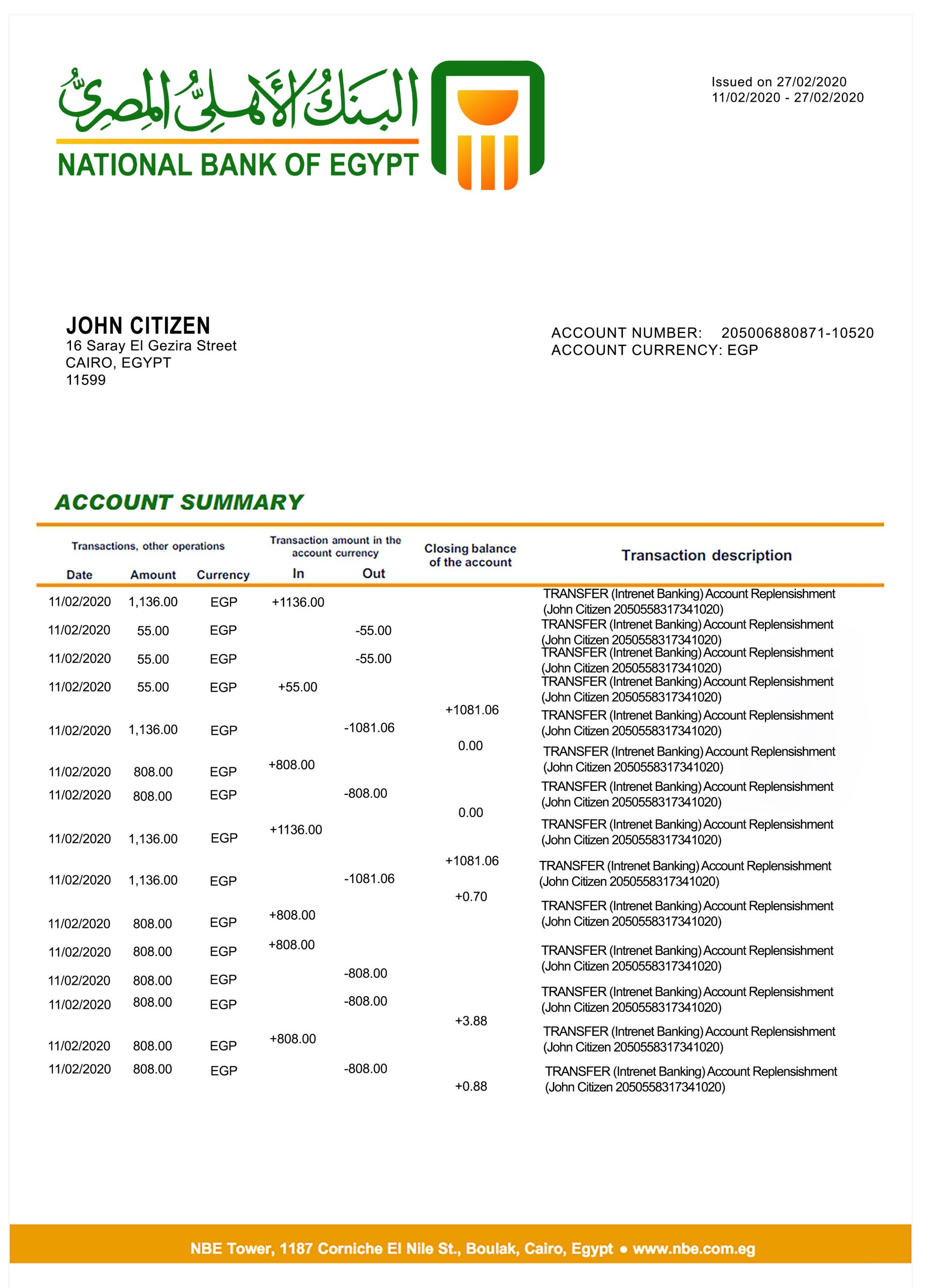 Fake National Bank of Egypt Business Statement