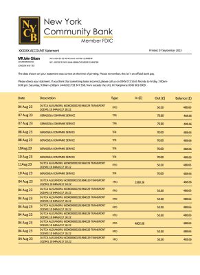 Fake New York Community Bancorp enterprise Business Bank Statement