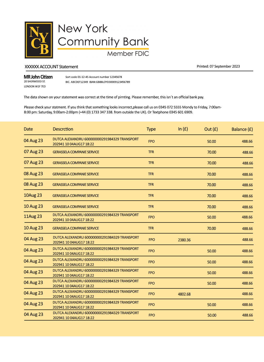 Fake New York Community Bancorp enterprise Business Bank Statement