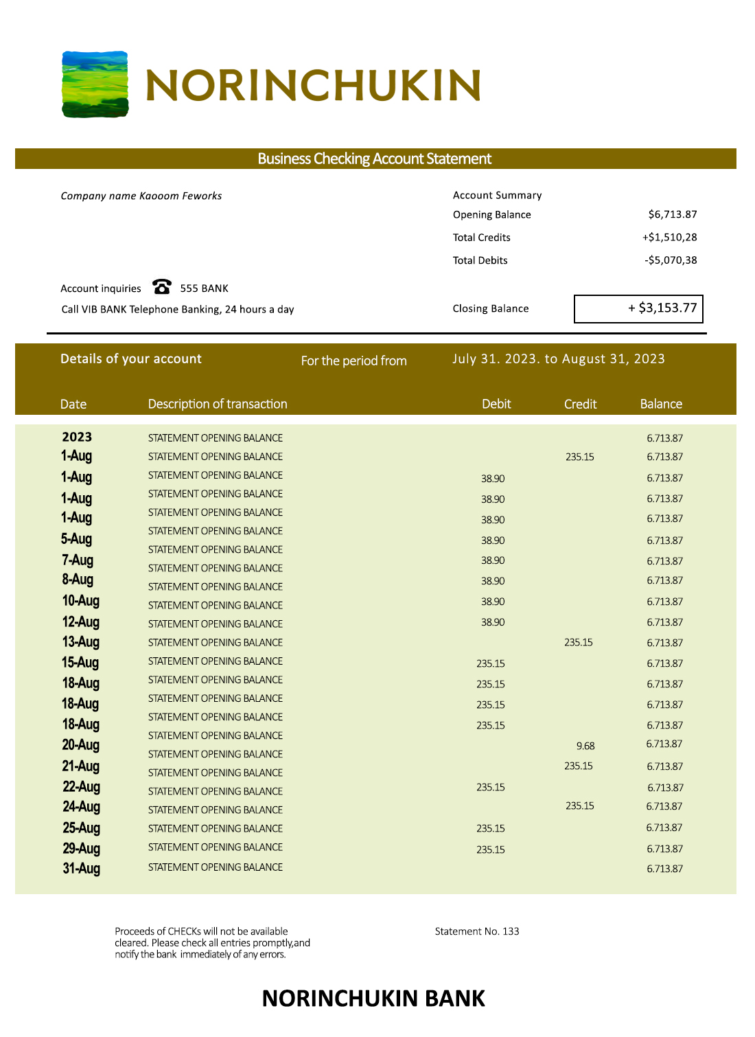 Fake Norinchukin Business Bank Statement
