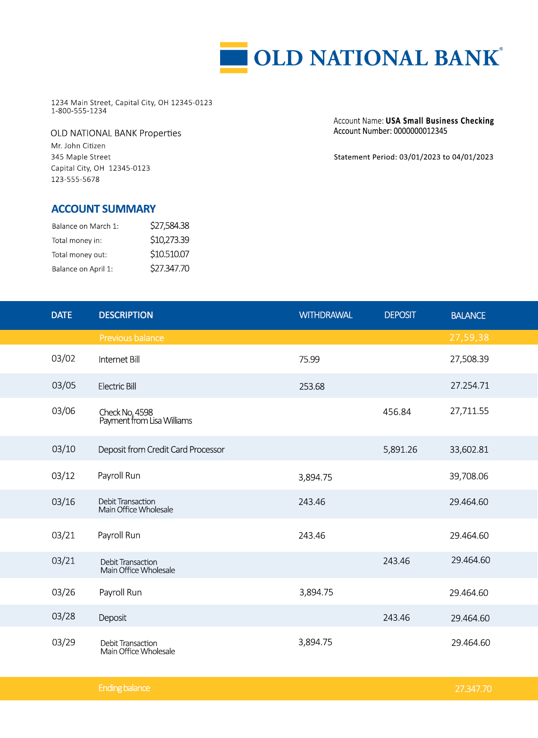 Fake OLD National Business Bank Statement