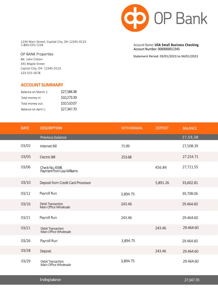 Fake OP Business Bank Statement