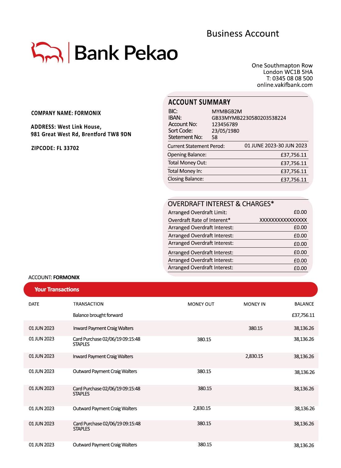 Fake Pekao S. A company Business Bank Statement