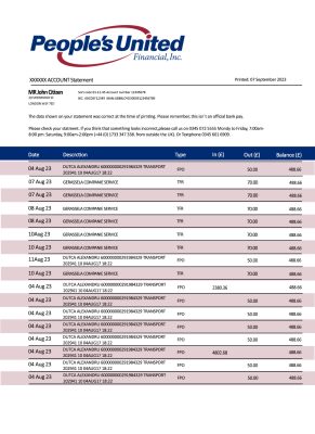 Fake People’s United Business Bank Statement