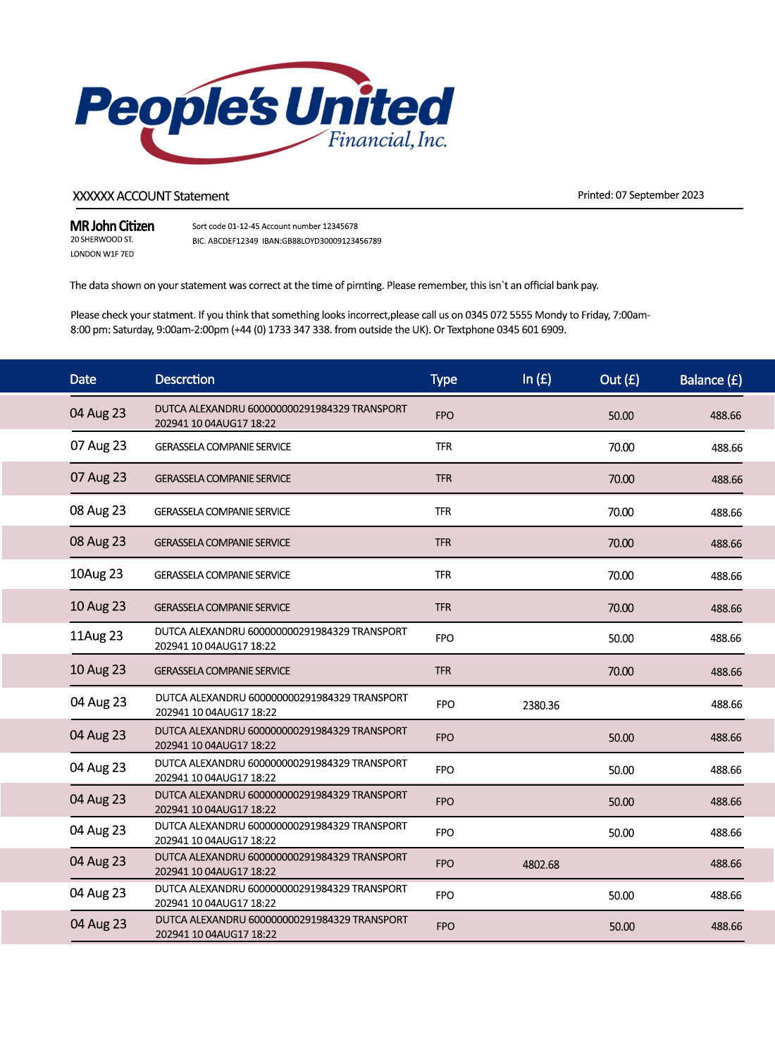 Fake People’s United Business Bank Statement
