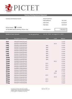 Fake Pictet Business Bank Statement
