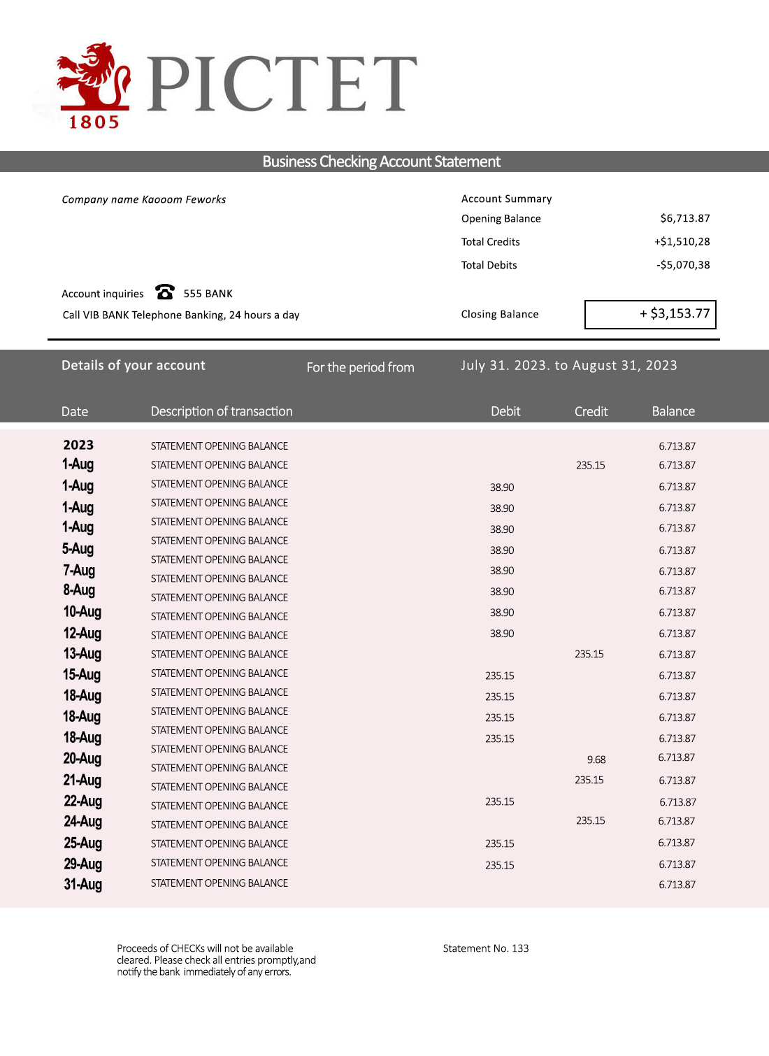 Fake Pictet Business Bank Statement