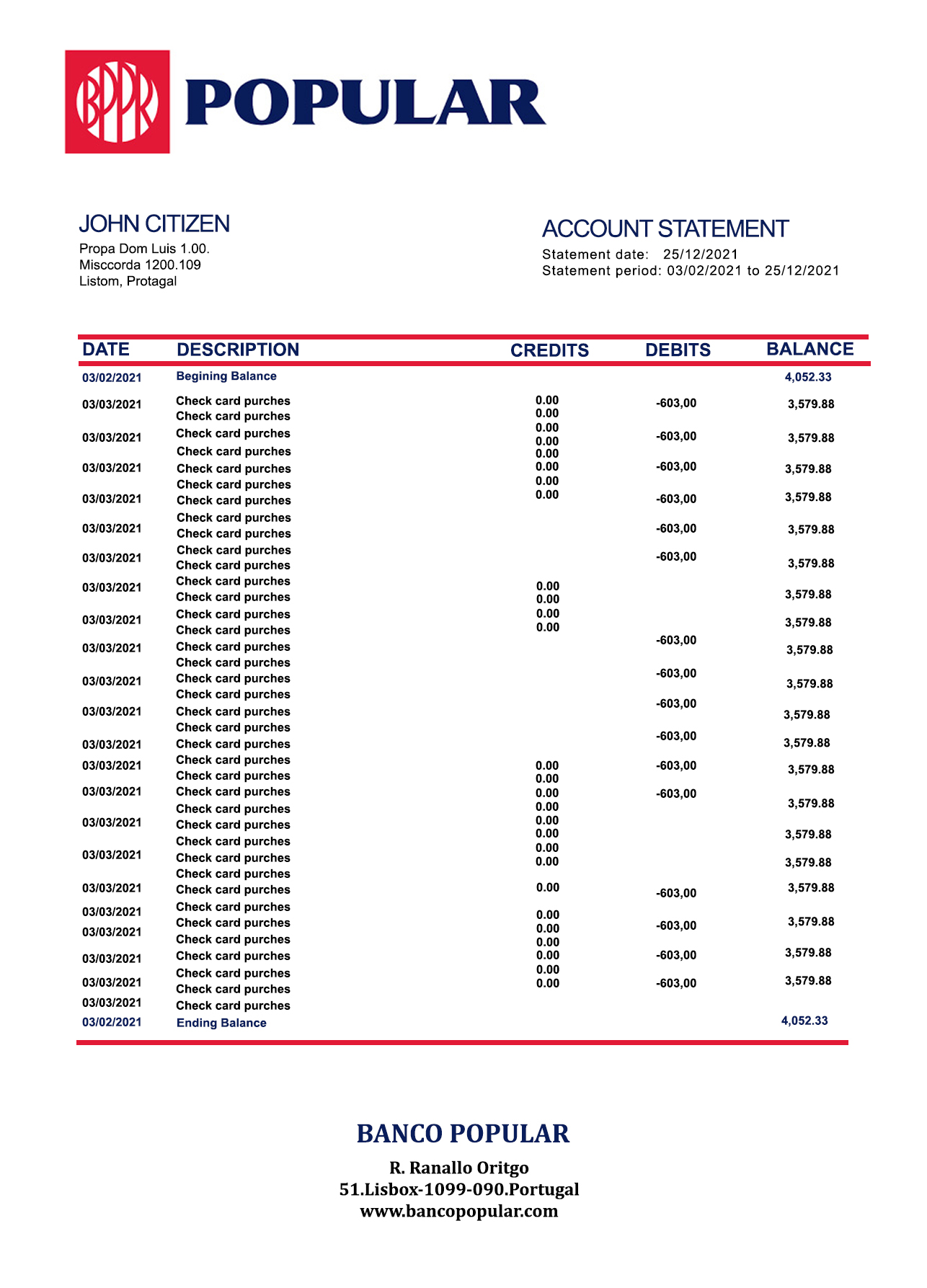Fake Popular Business Bank Statement
