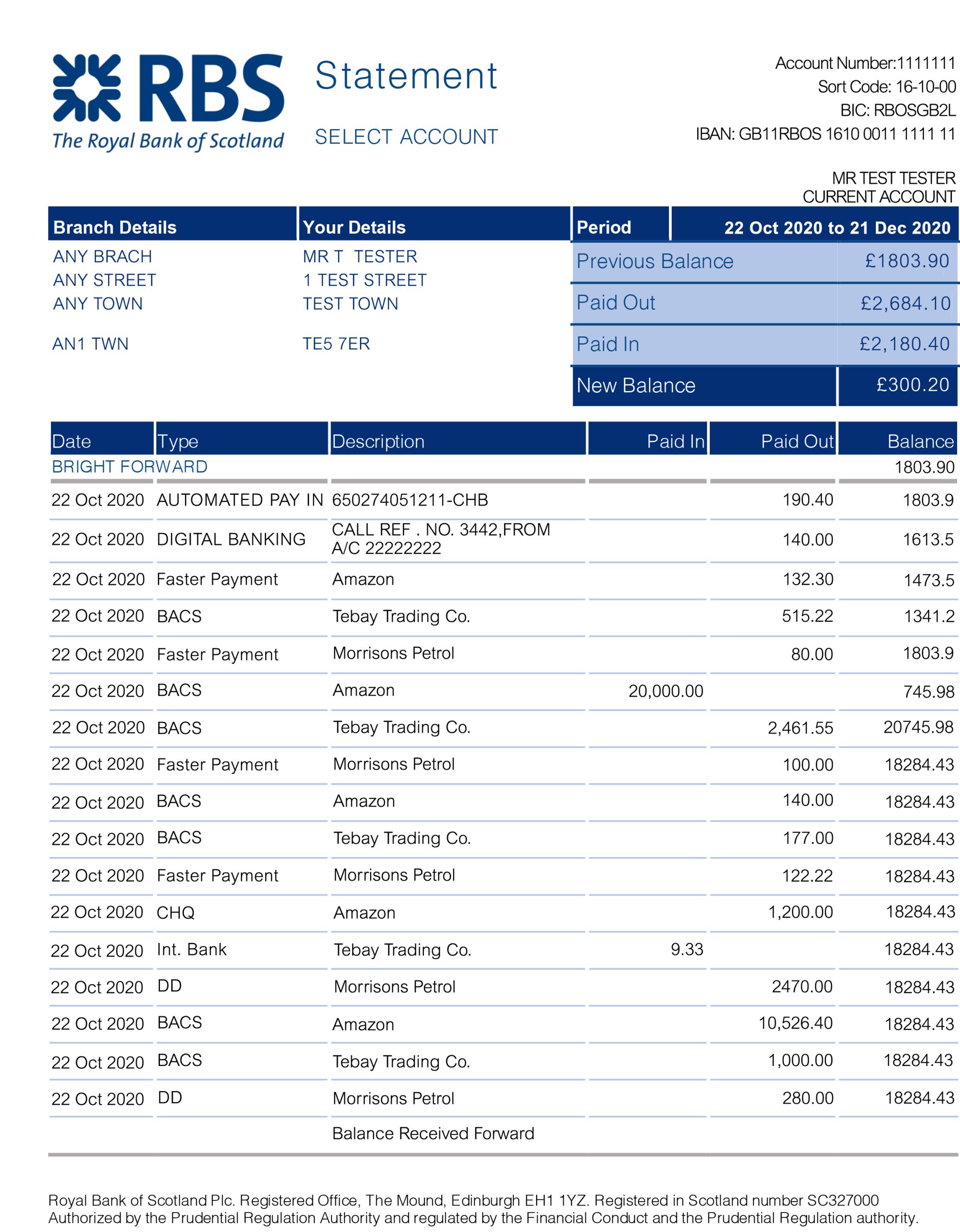 Fake RBS Business Bank Statement