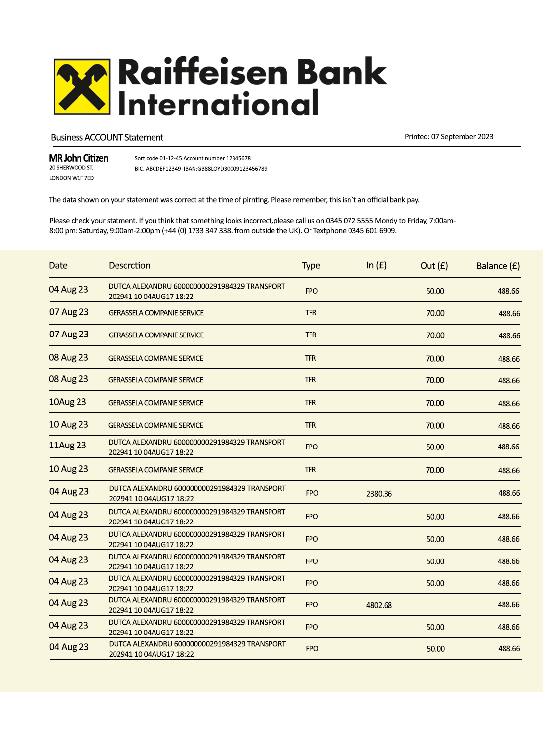 Fake Raiffeisen Business Bank Statement